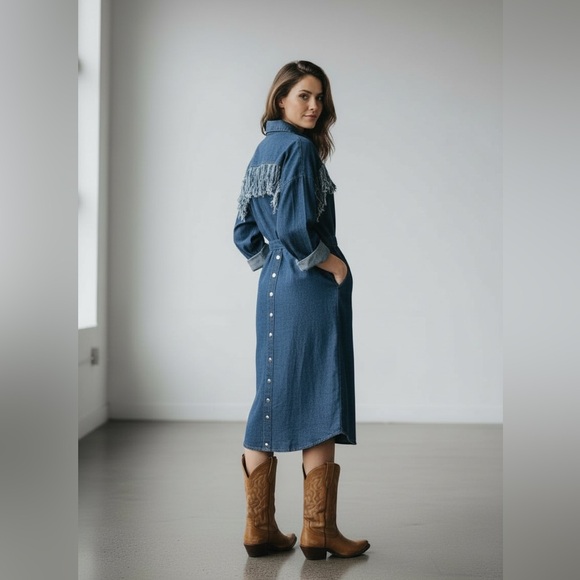 Western Dresses & Skirts - Denim Dress Fringe Western Snap Back Straight Wriggle 4 Small VTG Cowgirl 80s‎